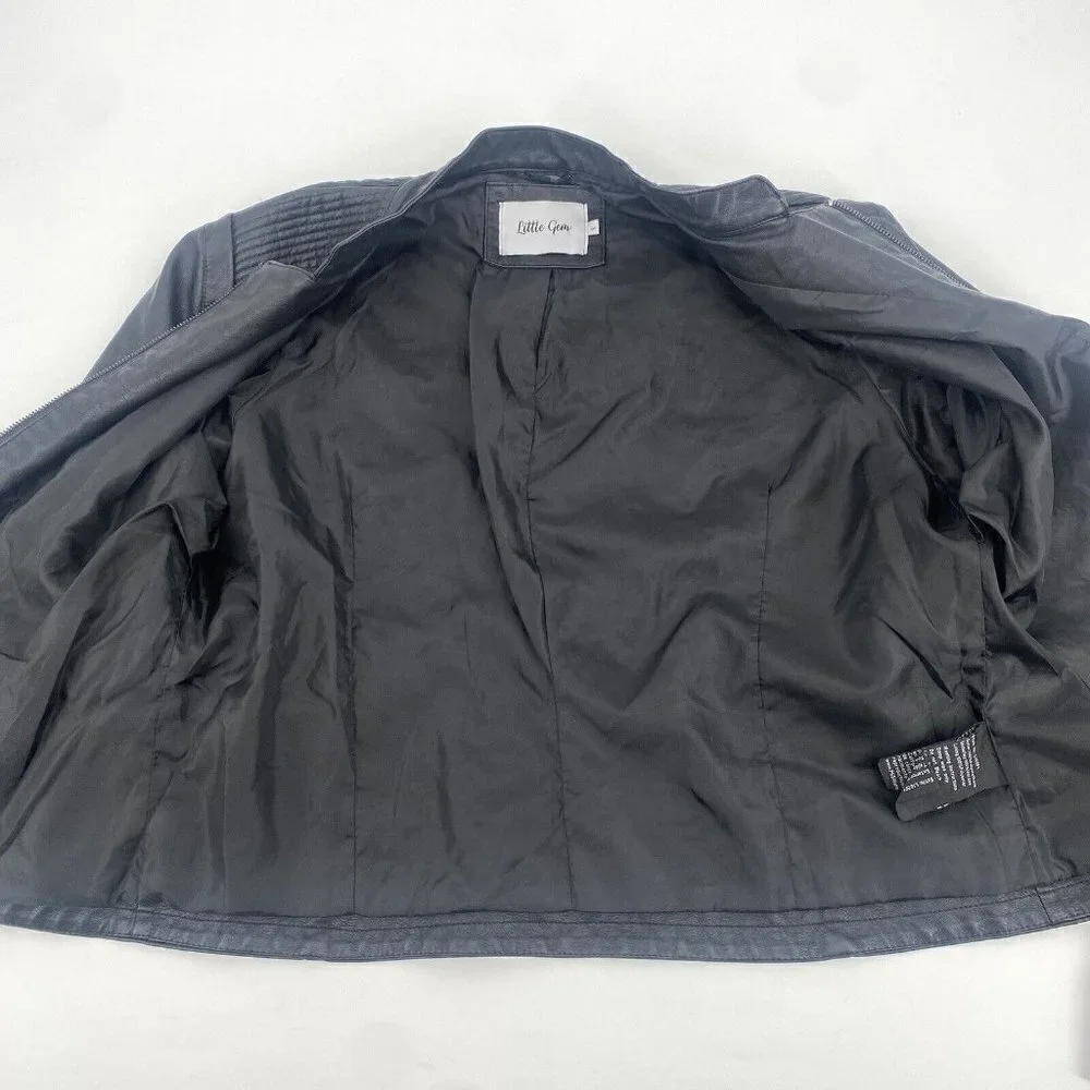 Black Vegan Faux Leather Zip Up Moto Jacket Grunge Little Gem Women's Size Large